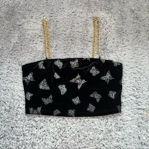 NWOT prettylittlething butterfly crop top black velvet with gold chain straps